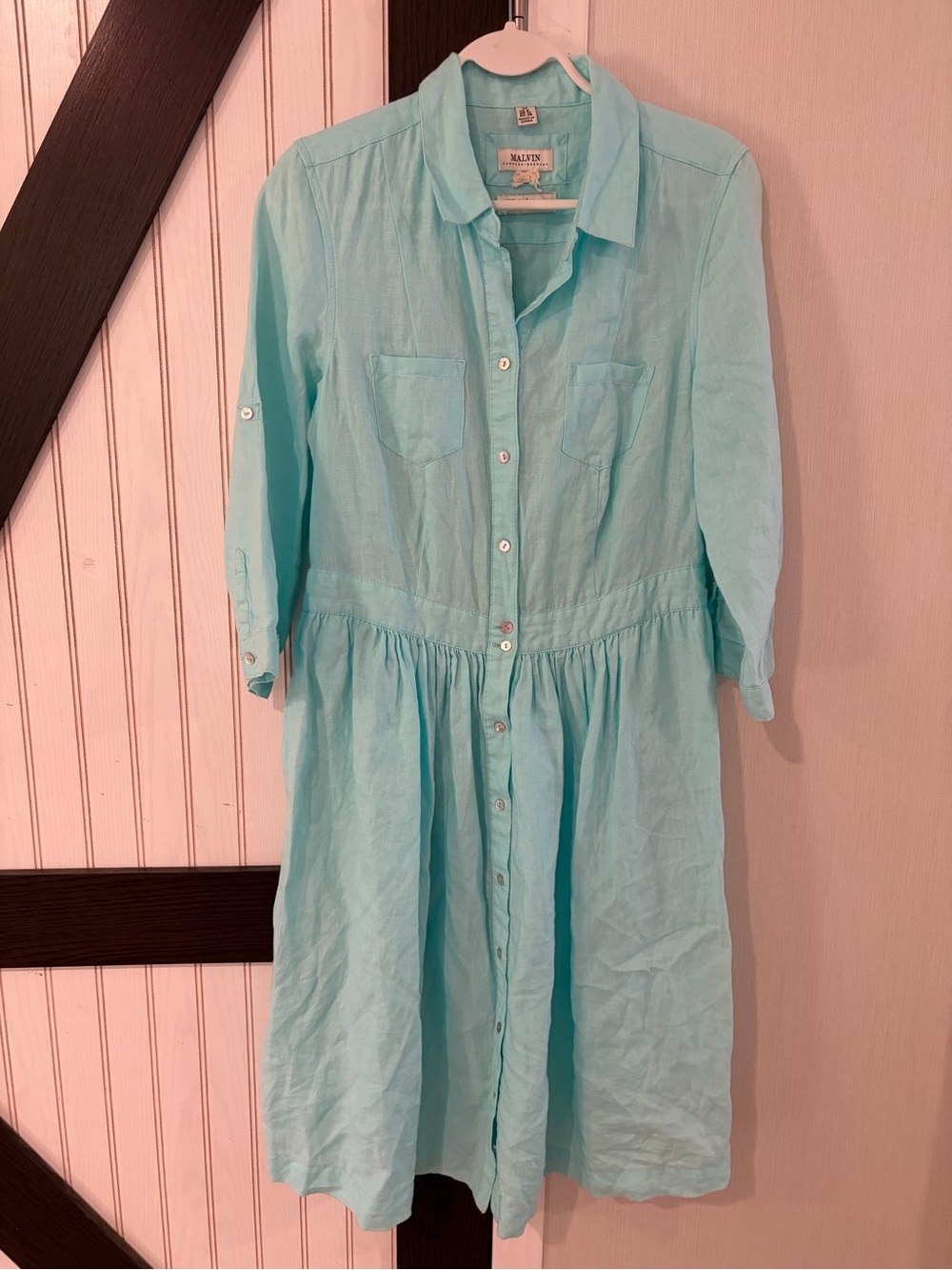 Malvin Hamburg Germany 100% Linen Shirtdress Aqua Blue Button Front Midi Size 8